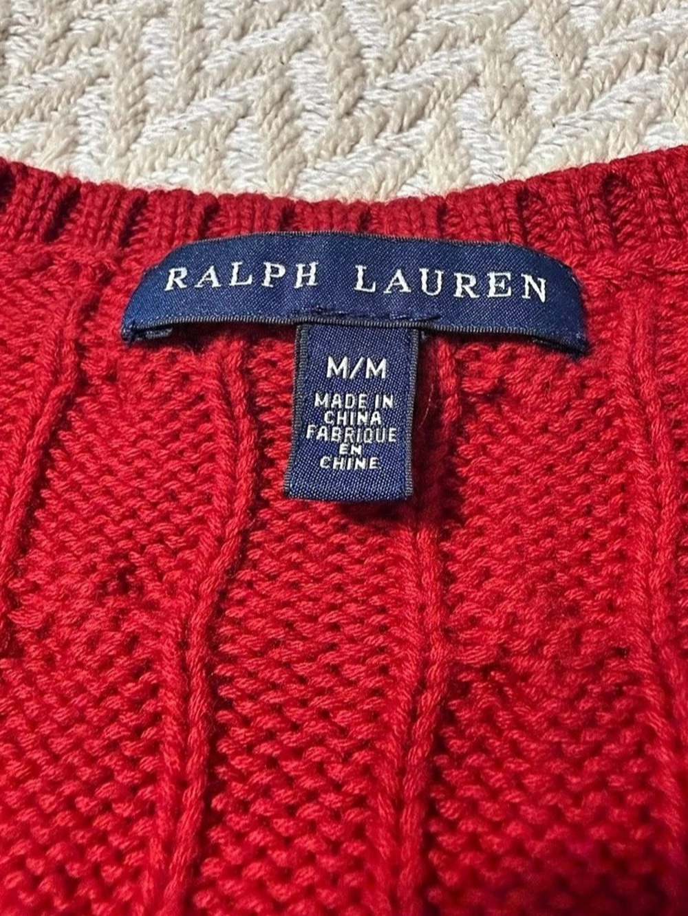 Ralph Lauren Red 100% Cotton Cable Knit V-Neck Sweater M Gold Pony EUC - Picture 4 of 10